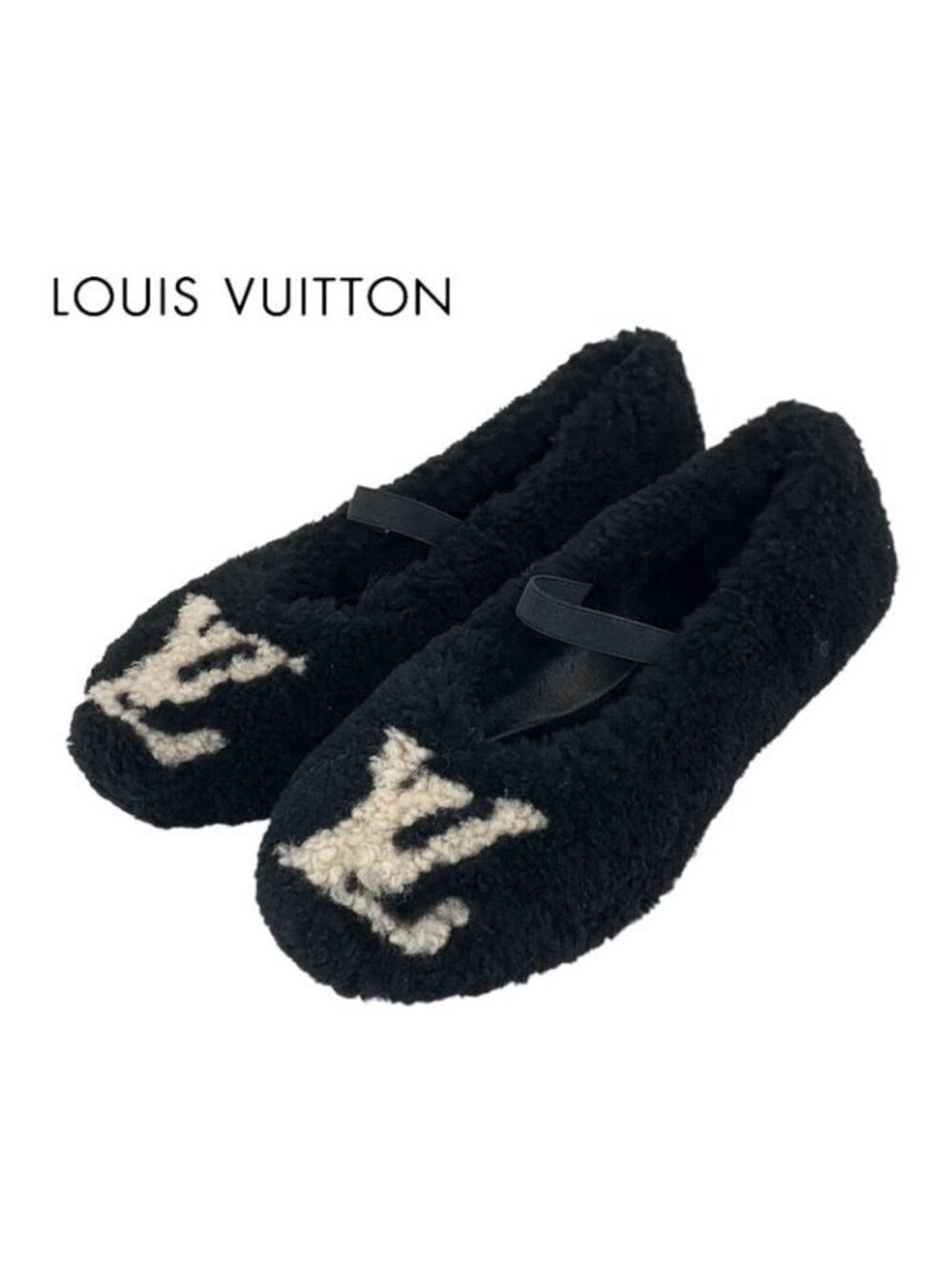Louis Vuitton Poppy Line Flat Shoes Shearling Black Beige Ballet - Picture 3 of 10